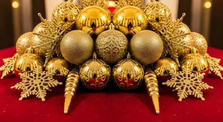 Luxury golden Christmas ornaments close-up, shiny baubles with elegant details, festive composition for holiday decoration and celebration background.