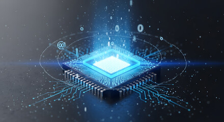 Futuristic glowing computer chip with digital data streams and light effects representing advanced technology and processing power.