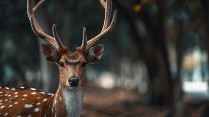 Elegant spotted deer portrait amidst the enchanting forest scenery