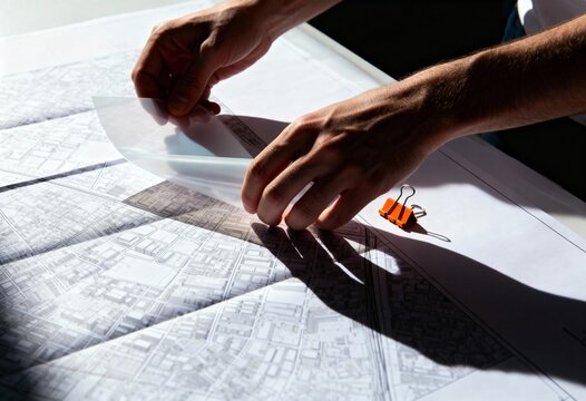 Architect's hands working on a city plan blueprint on a desk. Professional engineer reviewing an urban development project map. Architecture and design concept - Powered by Adobe