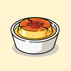 A cartoon illustration of a crème brûlée dessert with a cracked caramelized top in a white ramekin.