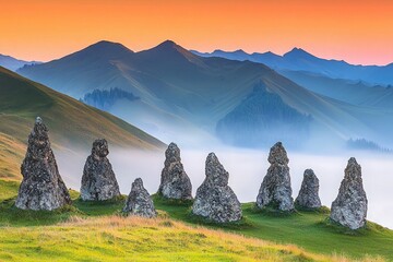 stone circle on grassy hill overlooking mist-covered valley with mountain backdrop at sunrise for nature landscape and travel design use