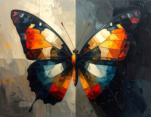 Vibrant butterfly art, split background; one side monochrome, other neutral. Mosaic wings showcase orange, yellow, and blue. Abstract, colorful composition