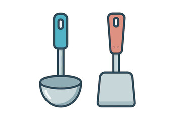 Essential kitchen utensils including a soup ladle and a flat spatula with colorful handles