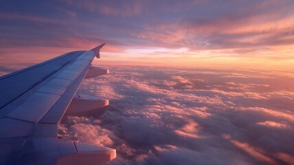 Sunset view from an airplane window overlooking soft, glowing clouds. Perfect for themes of travel, inspiration, adventure, aviation, and peaceful sky landscapes.