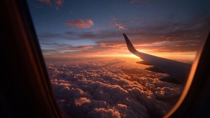 Sunset view from an airplane window overlooking soft, glowing clouds. Perfect for themes of travel, inspiration, adventure, aviation, and peaceful sky landscapes.