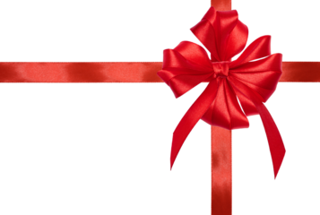 A bright red satin bow and ribbon intersecting in the center, on an isolated background.