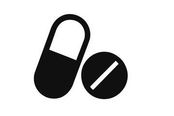Minimalist black and white symbol showing a pharmaceutical capsule and a round medicine tablet