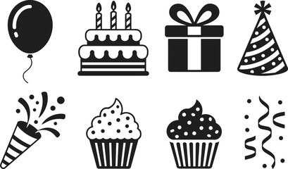 Black and White Birthday Party Icons Set Featuring Cake, Balloons, Gifts, Cupcakes, Confetti, Streamers, Hat and Celebration Elements