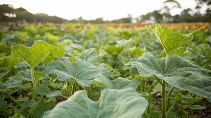 Field of Organic Pumpkin Vines with Lush Green Leaves Growing