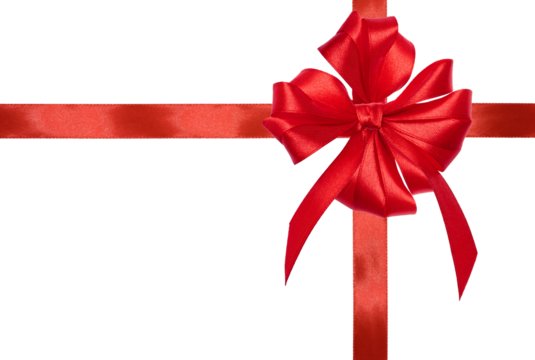 A bright red satin bow and ribbon intersecting in the center, on an isolated background.