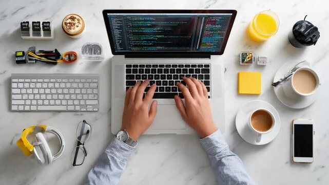 Digital Workspace Harmony: Hands typing on a laptop, a scene of creative coding surrounds the modern workspace, where productivity meets caffeine with coffee, headphones and smartphone.