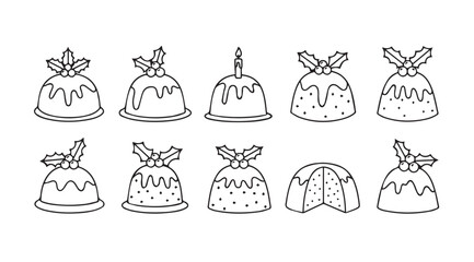 Collection of festive christmas pudding silhouettes with holly and ribbon decorations silhouette