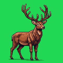 Pixel art illustration of a majestic brown deer with large antlers standing on a vibrant green background.