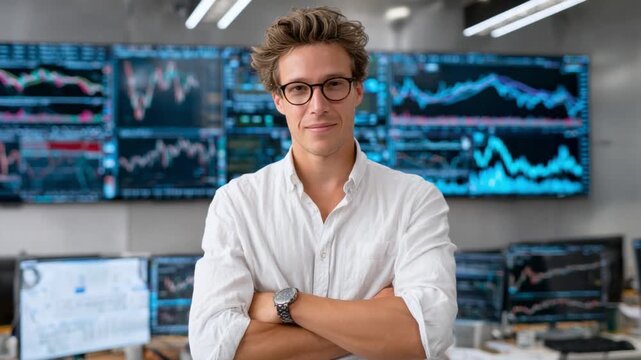 The Confident Analyst: A focused analyst, glasses perched, exudes confidence while standing before a wall of dynamic financial data screens.