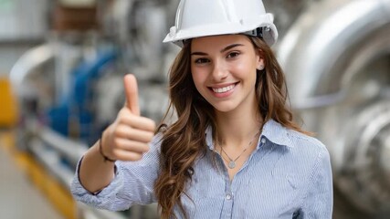 Confident Engineer's Approval: A smiling female engineer, wearing a white hardhat, gives a thumbs-up, symbolizing approval and expertise in a professional setting.