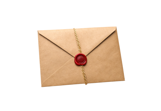 Kraft paper envelope with red wax seal closure, isolated on a transparent background