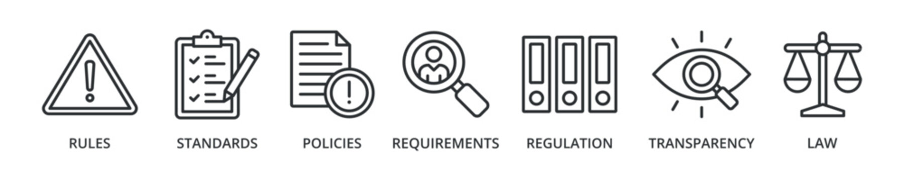 Compliance banner icon with rules, standards, policies, requirements, regulations, transparency, law
