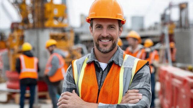 Construction worker portrait: A focused construction worker wearing safety gear stands confidently with arms crossed.