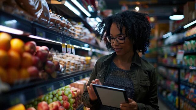A cheerful shopper browsing the produce aisle at a grocery store. She is smiling and holding a tablet device.