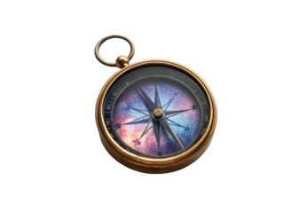 Antique compass featuring cosmic nebula artwork inside face, isolated on a transparent background