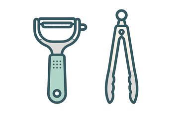 Kitchen tools set featuring a vegetable peeler and metal serving tongs