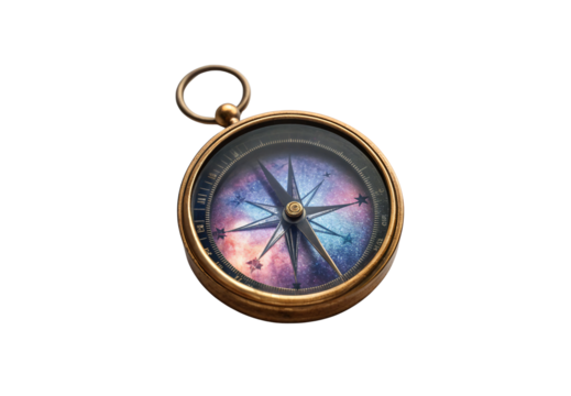 Antique compass featuring cosmic nebula artwork inside face, isolated on a transparent background
