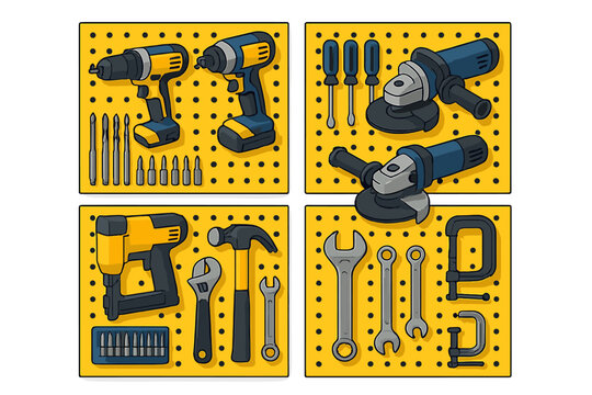 Collection of power tools and hand tools organized on a yellow pegboard for workshop maintenance