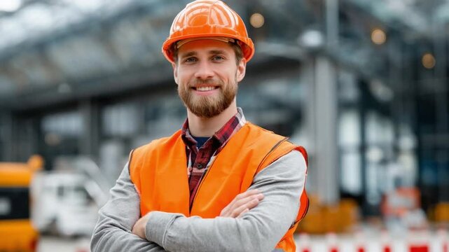 Builder on the jobsite: Portrait of a builder, hard hat and safety vest, radiates confidence and expertise against a backdrop of ongoing construction.