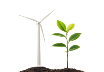 Wind turbine and young plant in soil symbolizing renewable energy growth, isolated on a transparent background