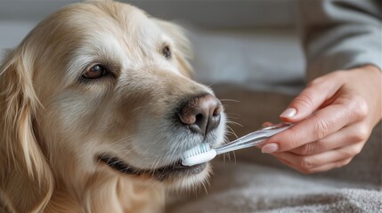 Dog dental hygiene — owner brushing dog’s teeth at home (gentle)