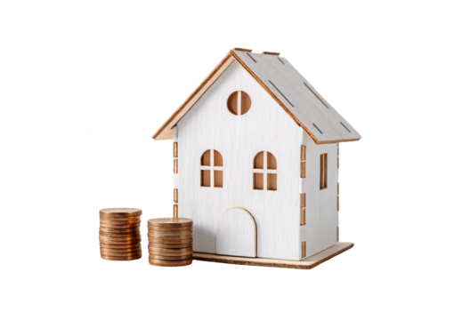 White wooden house model with coin stacks representing property investment value, isolated on a transparent background