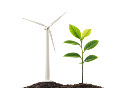 Wind turbine and young plant in soil symbolizing renewable energy growth, isolated on a transparent background