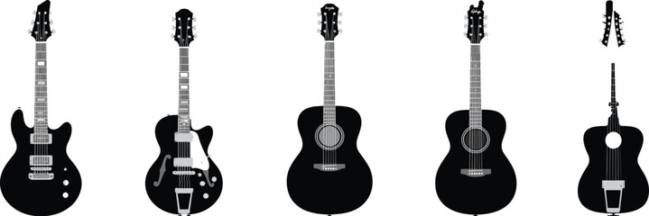 Black acoustic and electric guitars vector illustration showing classic and modern musical instruments for music, art, performance, and creative design concepts.