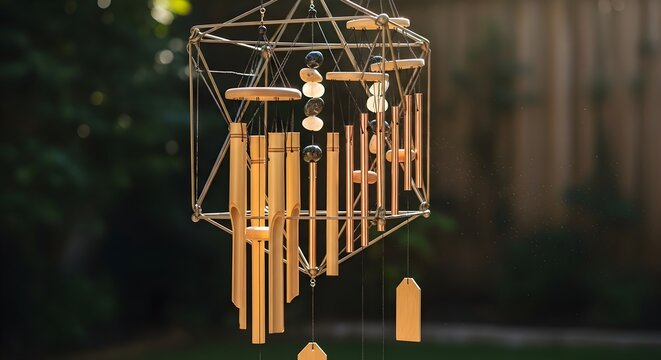 Wind Chimes in Sacred Geometry — Calming Sound Healing Art, Bamboo and Metal Chimes within Geometric Harmony, Symbol of Balance for World Music Therapy Day - Powered by Adobe