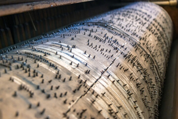 Close-up view of the rotating cylinder in a street piano, 19th-20th centuries