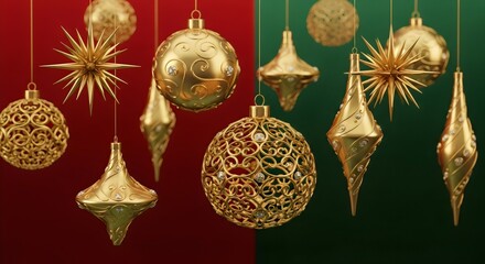 Golden decorative baubles and star ornaments with metallic shine, elegant Christmas composition, luxurious festive still life.