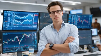 Confident Trader with Financial Data: A focused trader with glasses, arms crossed, stands confidently in front of a array of financial charts and graphs on multiple screens, analyzing market trends. - Powered by Adobe