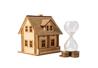 Wooden house model beside hourglass and coins symbolizing real estate investment timing, isolated on a transparent background