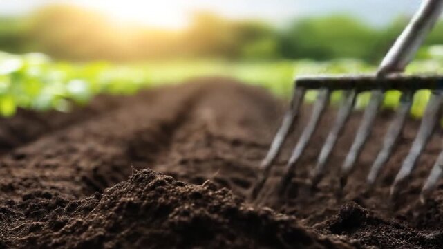 A close-up view of freshly tilled soil, with a garden rake poised ready for planting