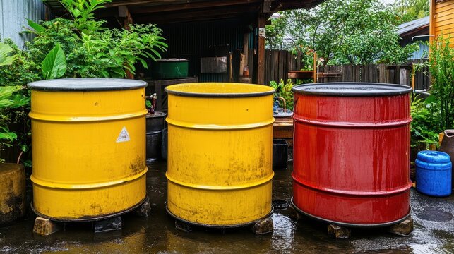 Large yellow and red industrial drums used for outdoor storage of water and liquids