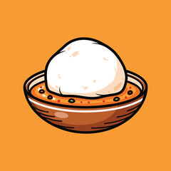Cartoon illustration of a dumpling floating in warm broth.