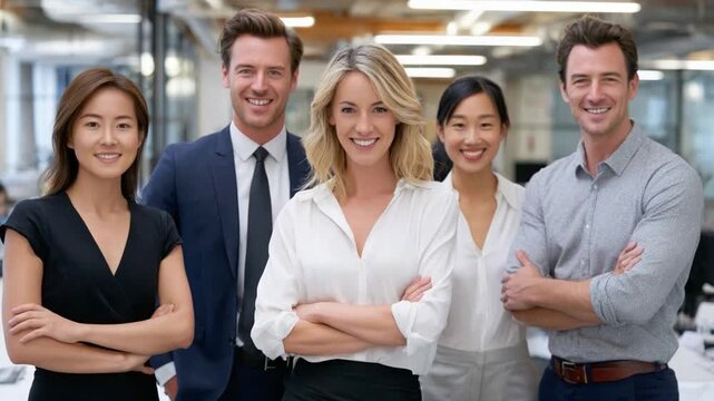 Confident Team in Office Setting: A poised and professional team stands together, exuding confidence and teamwork in a modern office environment. Reflecting collaboration.