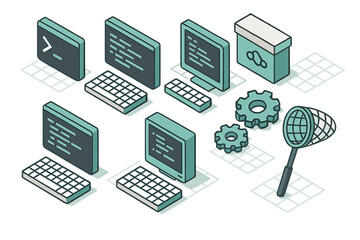 Isometric icons for programming, coding, data capture, cloud computing, and software development