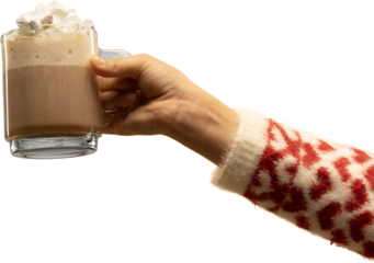 Hand offering hot chocolate with marshmallows in festive knitted sleeve on transparent background. Concept of holiday food promotion, cozy lifestyle visuals, and seasonal brand communication.
