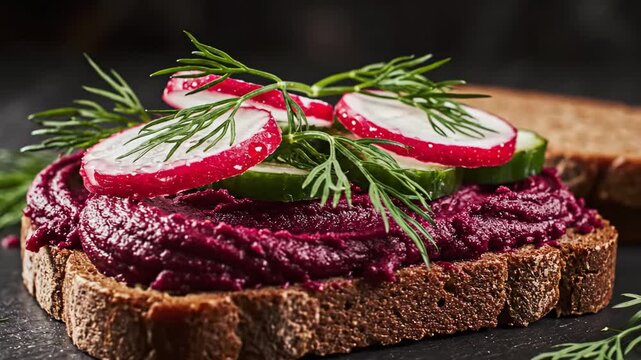 Rye bread topped with vibrant beetroot hummus spread, sliced radishes, fresh cucumber, and dill, presenting a healthy and delicious vegan appetizer or snack