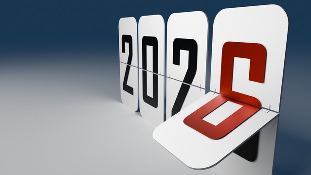 2025 To 2026 Flip Clock Rotation Close-Up On White Panels With Red Digit And Clean Blue Background