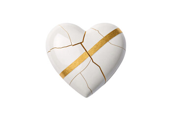 White cracked heart with diagonal gold bandage representing mending and hope, isolated on a transparent background