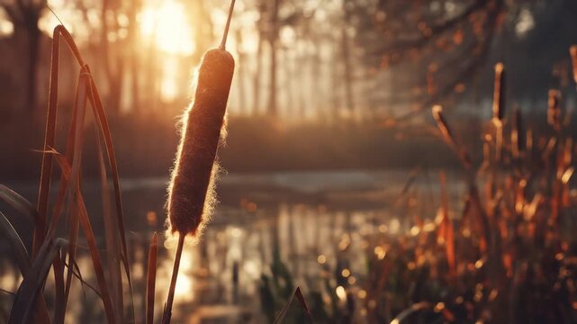 Close-up of cattail with sunlit backdrop and blurred reflections on water