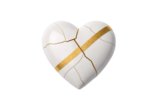 White cracked heart with diagonal gold bandage representing mending and hope, isolated on a transparent background